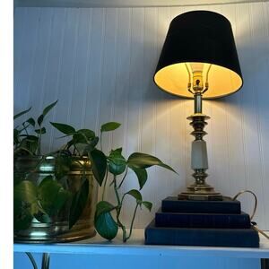 Vintage Leviton USA Cream Enamel Octagonal Heavy Brass Table Lamp Black Shade